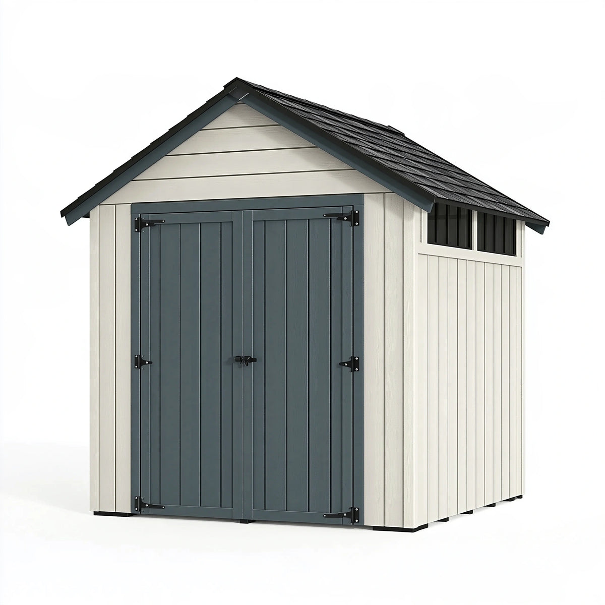 Abri de jardin 180 x 120 x 200 cm en résine beige anthracite à double porte toit incliné